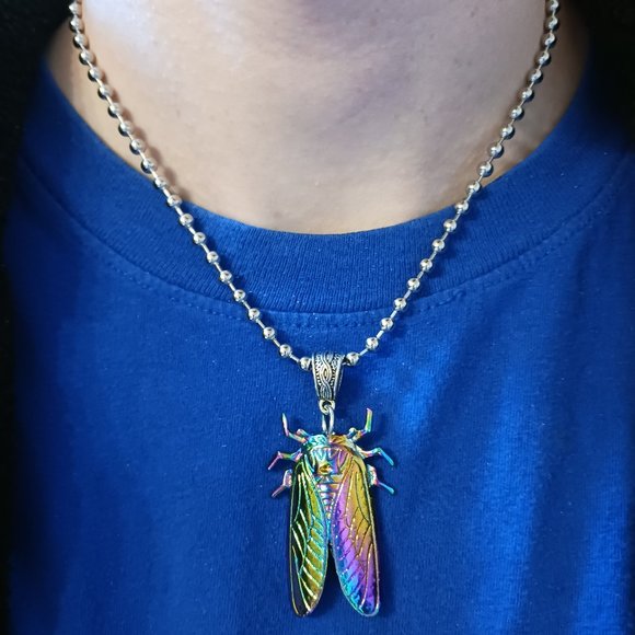 Handcrafted Rainbow Cicada Charm Necklace – Unisex 18" Ball Chain - Picture 9 of 10